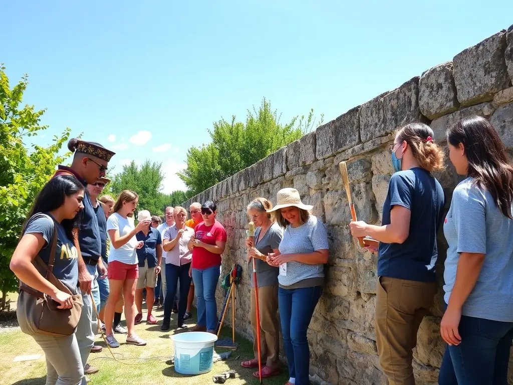 A group of volunteers working together to clean and restore a section of the Château de Naucaze's exterior wall, showcasing community involvement in preservation efforts.