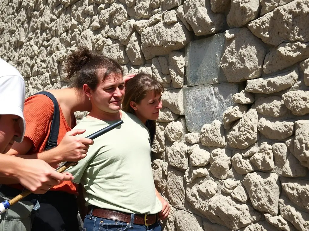 A group of volunteers working together to restore a section of the Château de Naucaze's stone wall, focusing on careful placement and preservation techniques.