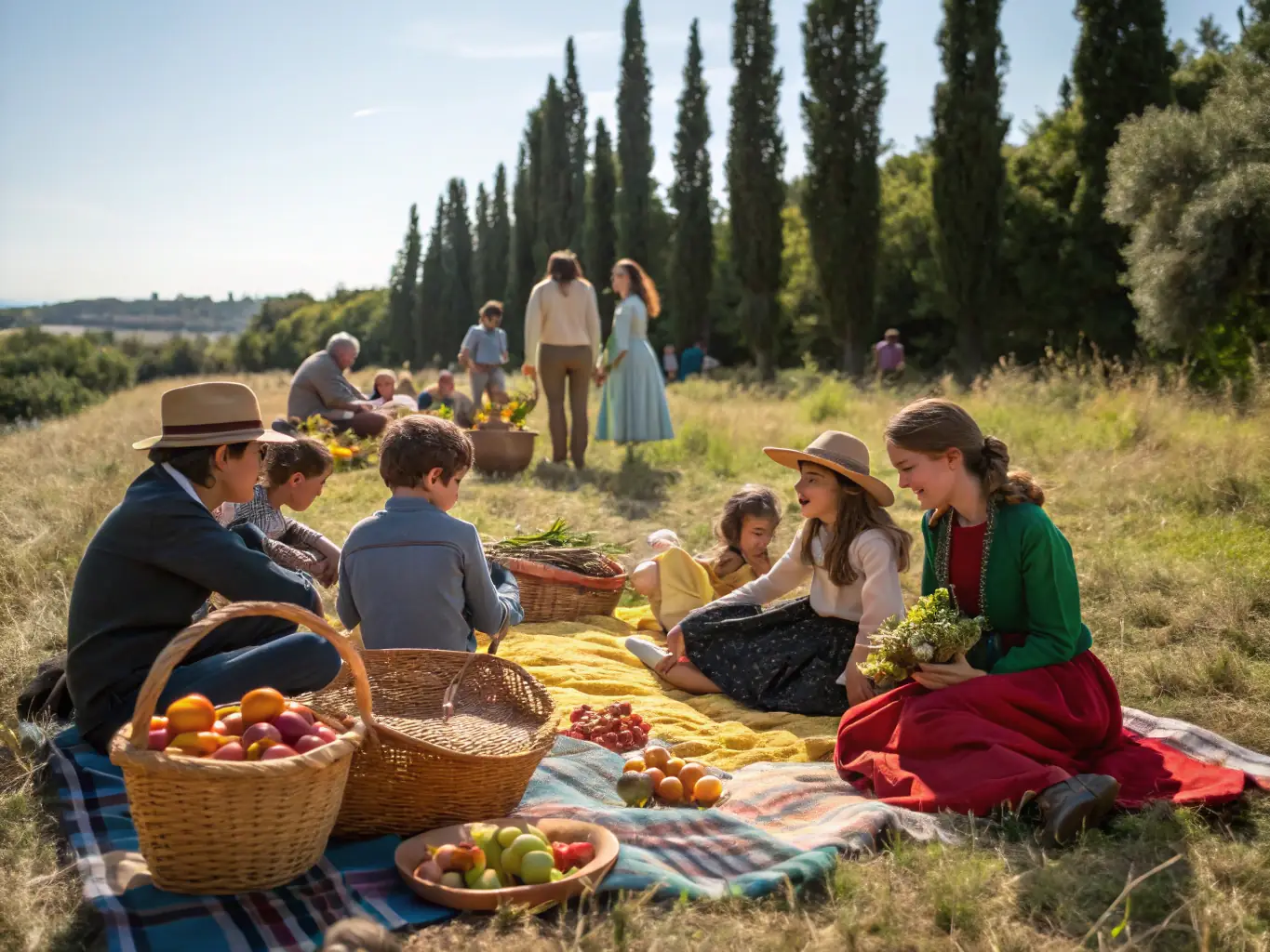 A vibrant scene of a community event at the Château de Naucaze, featuring music, local crafts, and families enjoying the festivities in the château's courtyard.
