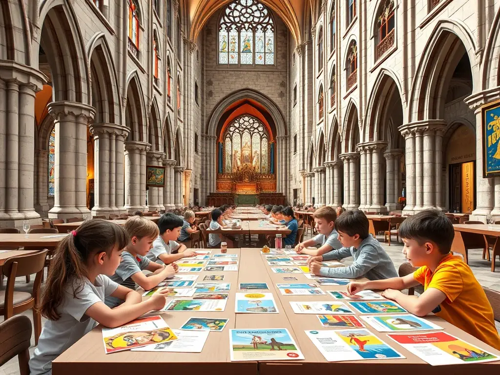 A classroom setting inside the Château de Naucaze, with children participating in a historical workshop, learning about the château's past and engaging in hands-on activities.