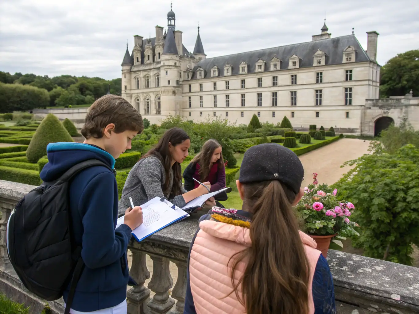 A photograph of children participating in an educational program at the Château de Naucaze, learning about the history and significance of the site.