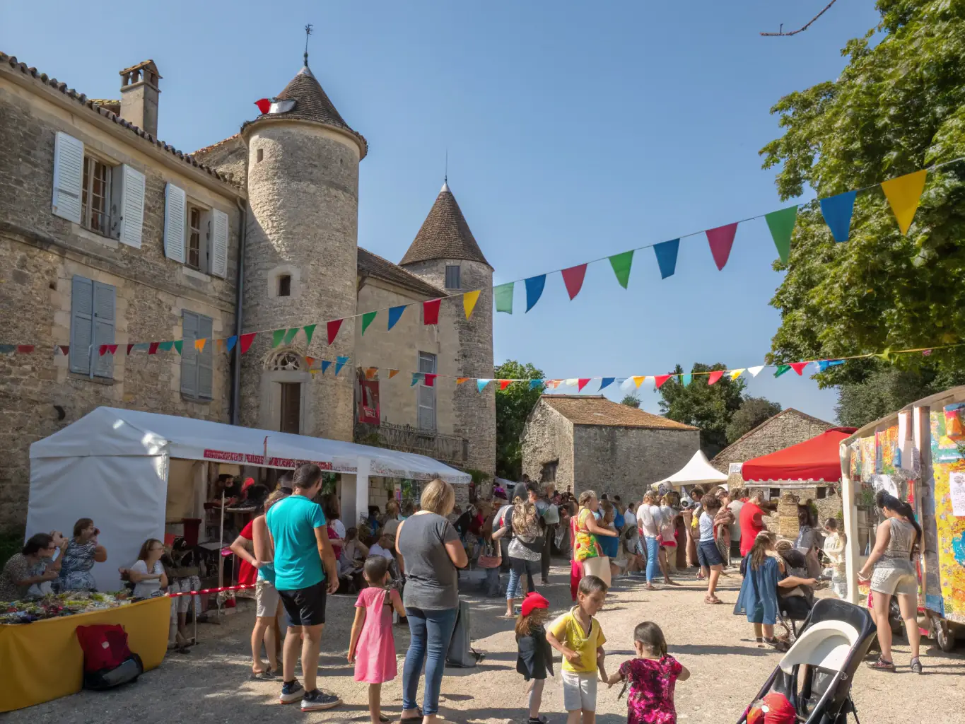 A picturesque scene of a cultural event taking place in the Château de Naucaze gardens, with people enjoying music, art, and local cuisine.