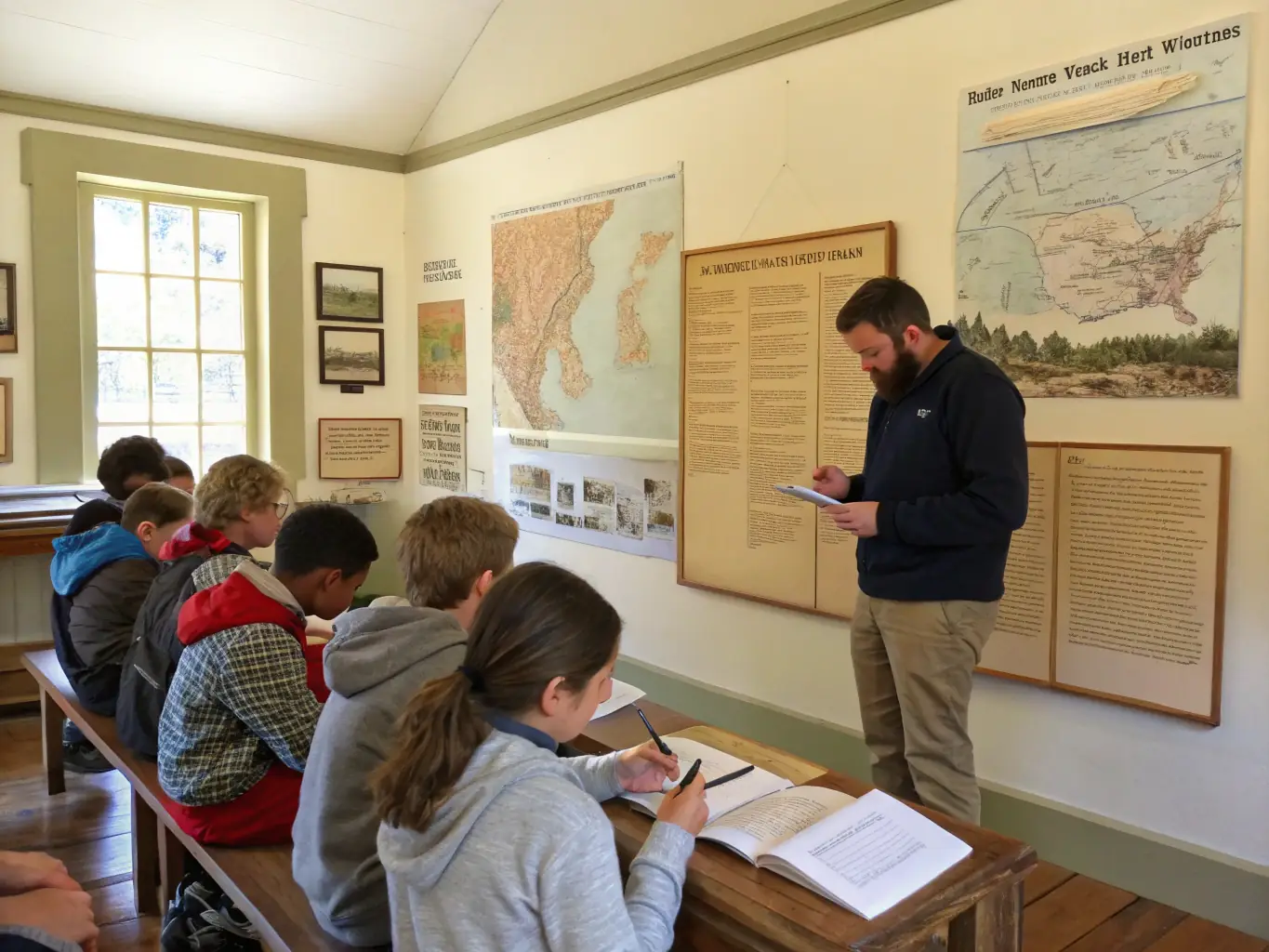 A classroom setting within the Château de Naucaze, where a historian is leading a workshop on the history of the castle and the surrounding region for a group of students.