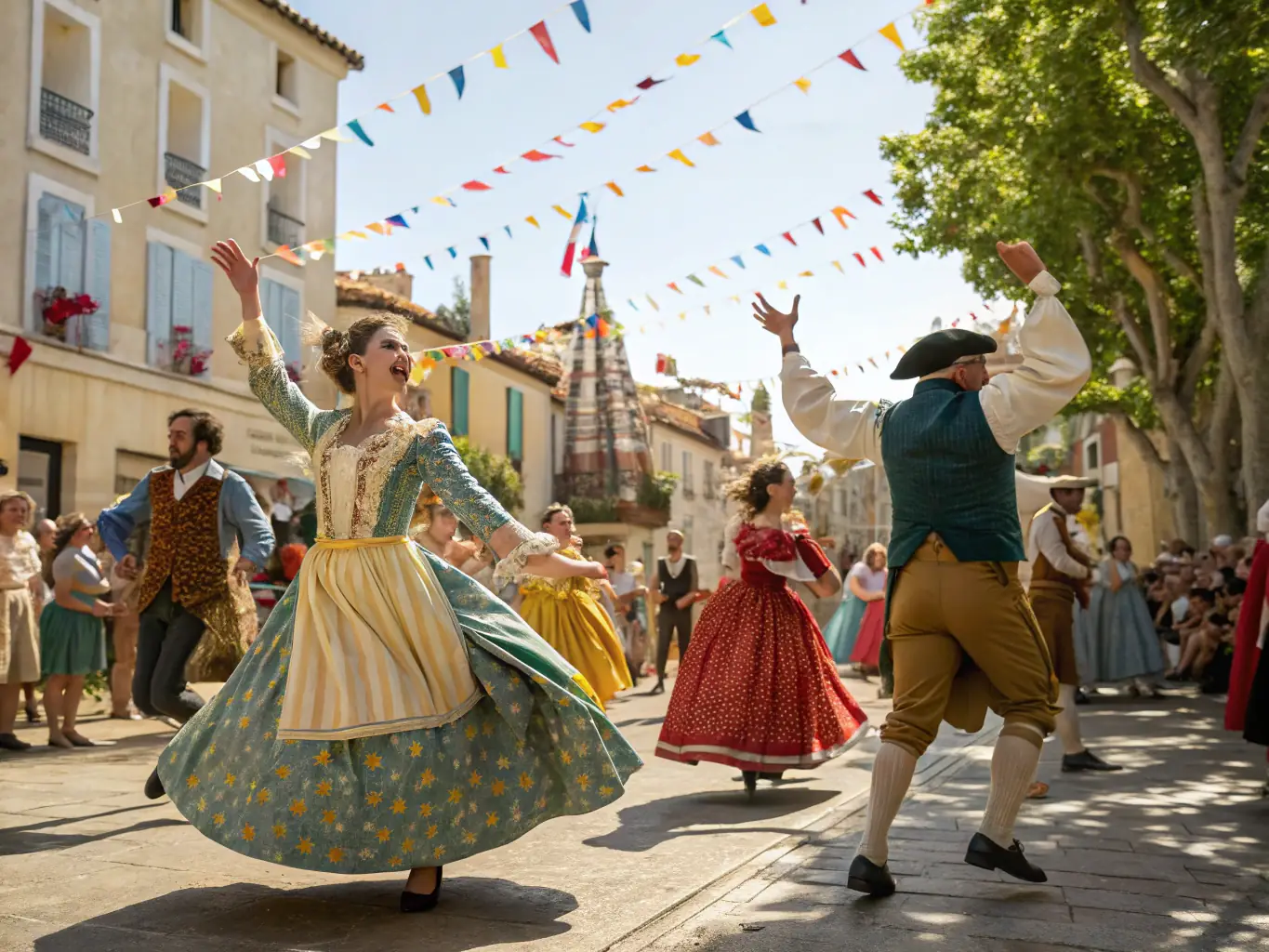 A vibrant scene from a cultural event held at the Château de Naucaze, featuring music, dance, and local crafts, highlighting the château's role as a community hub.