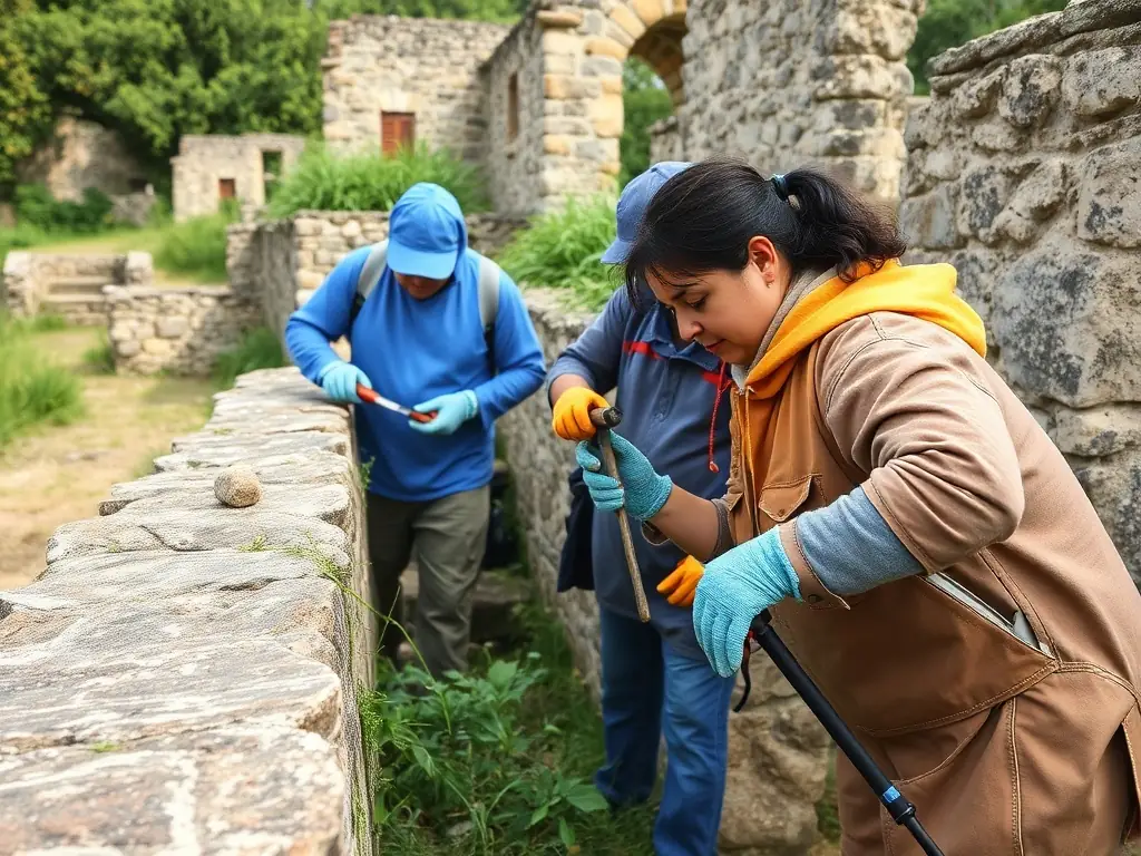 A captivating image of volunteers working together on a restoration project at the Château de Naucaze, showcasing teamwork and dedication.